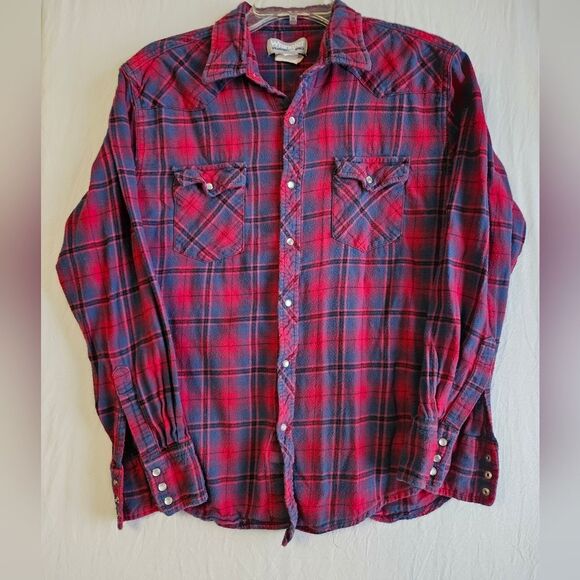Wrangler Shirt Men's Size Large Flannel Western Pearl Snap Red Plaid Cowboy GUC - Picture 1 of 6